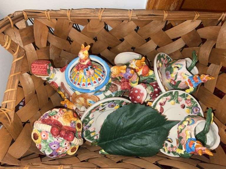Wicker Basket with Rabbit Garden Teaset