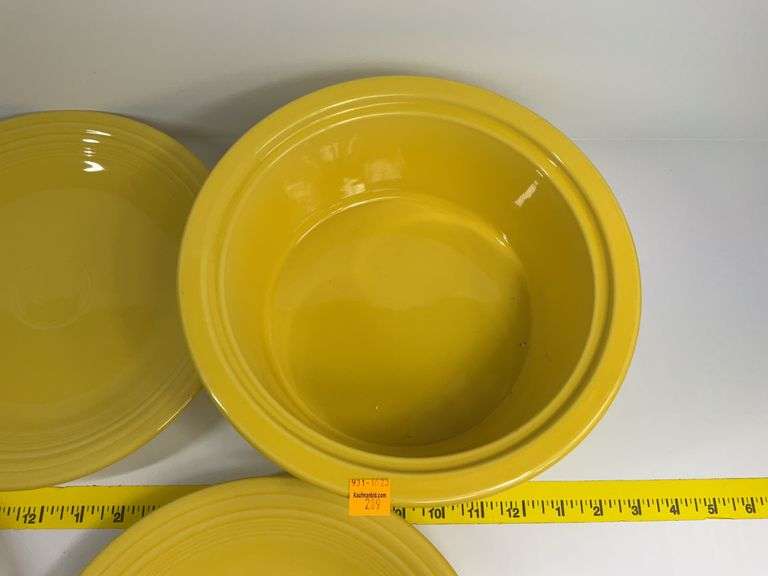 4 Yellow Fiesta Ware Plates, Casserole Dish