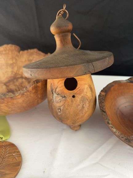 (2) Wood Bowls, Bird House, Peace Wood Work, and Wood Fish
