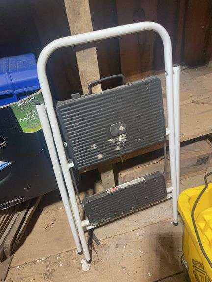 Small step ladder, mop bucket, and Coleman 3-way cooler