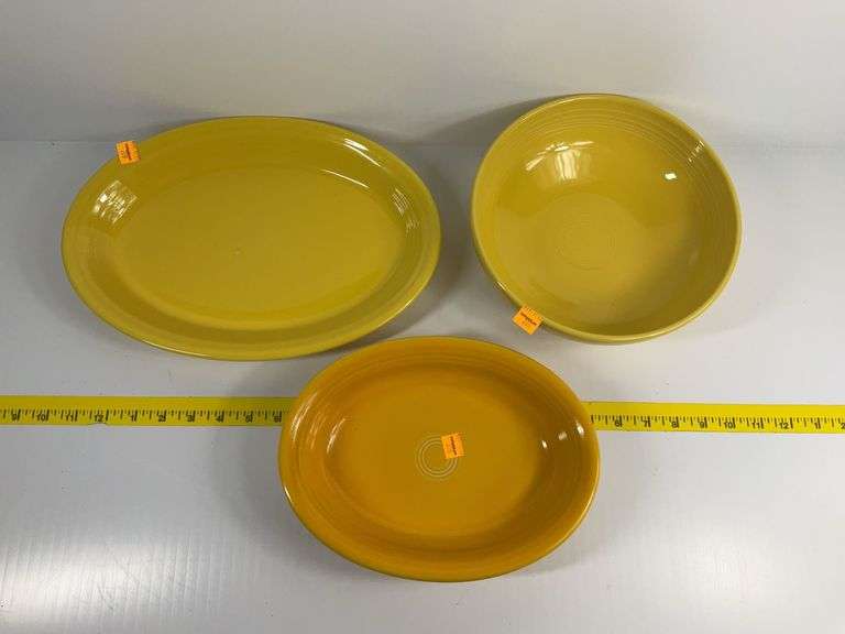Yellow Fiesta Ware Platter, Bowls and Vegetable Bowl