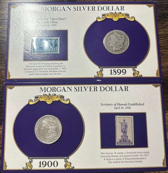 Lot of Two (2) Morgan Silver Dollars with Commemorative Cards & Stamps
