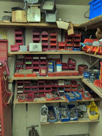 Contents of (5) shelves - hardware, animal traps, scale, and more