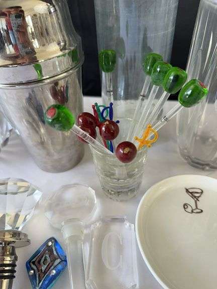 Zecchin Pitcher, (2) Shakers, Glass Bottle, Ice Bucket, (6) Wine Glasses, (4) Margarita Glasses, and