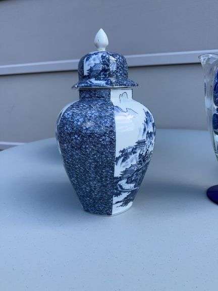 White and Blue Bowl, Porcelain Eggs, Glass Balls, Pitcher and a Spice Jar