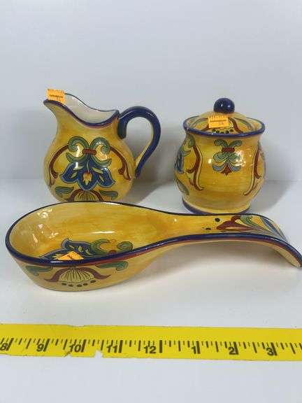 Maxcera Yellow Talavera Creamer and Sugar Pots, Spoon Rest