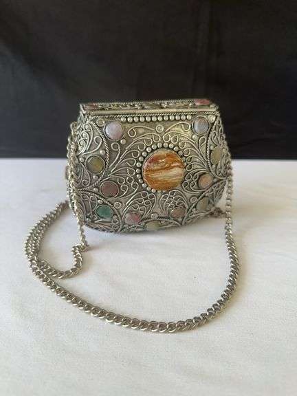 (3) Crystal Candle Holders, Blue Patterned Tray, misc. Perfumes l, Metal Purse, and other misc.