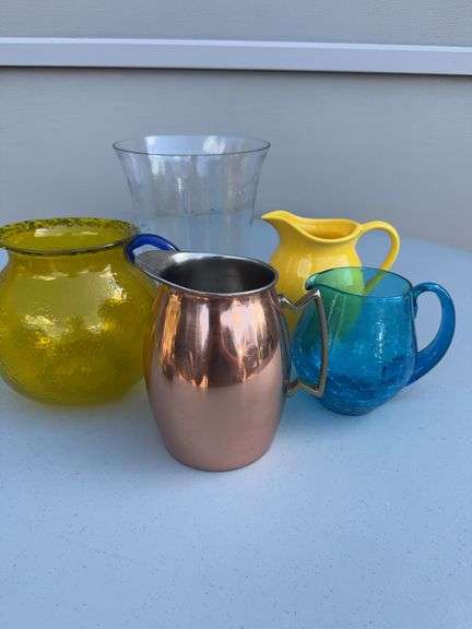 (4) Glass Pitchers and a Glass Bowl