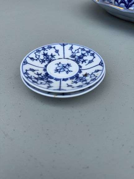 Blue and White Patterned Tea Pot w/ Sugar and Creamer, (2) Tea Cups w/ (2) Plates, and Serving Dish