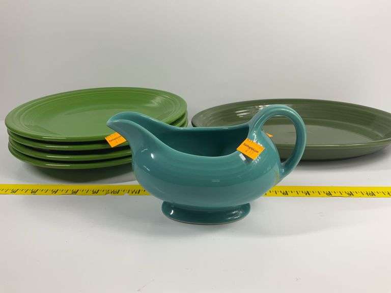 (5) Green Fiesta Ware Plates, Fiesta Ware Platter, Gravy Bowl