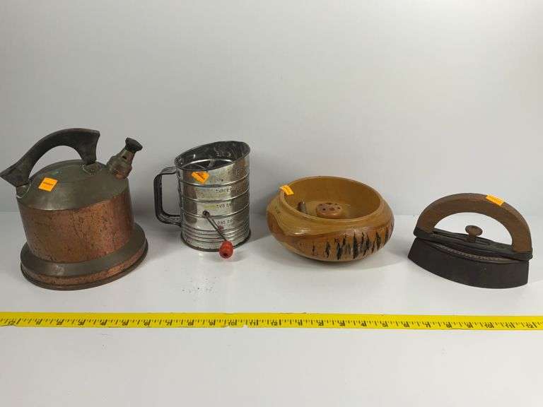Vintage Sad Iron, Vintage Copper Tea Pot, Vintage Sifter, Nut Cracker Bowl
