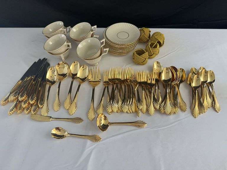 (8) Lenox Cups w/ (8) Plates, (4) Napkin Rings, (12) Knives, (12) Lg. Forks, (12) Sm Forks, (12) Lg 
