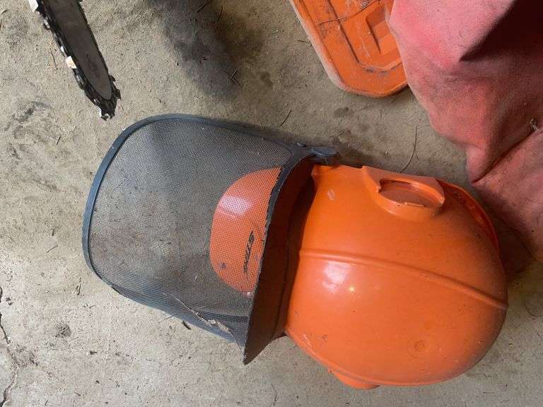 Stihl MS 367 chainsaw, blade cover, jacket, helmet & misc.