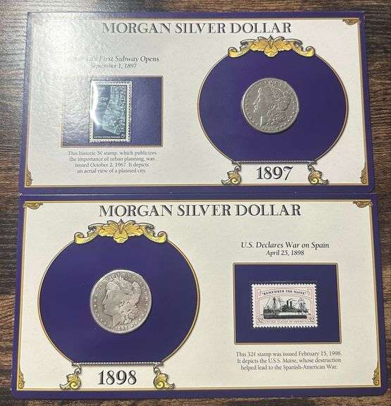 Lot of Two (2) Morgan Silver Dollars with Commemorative Cards & Stamps