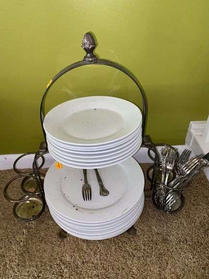 Silver Plated Dish and Silverware Holder, with Silver Plated Utensils and Plates