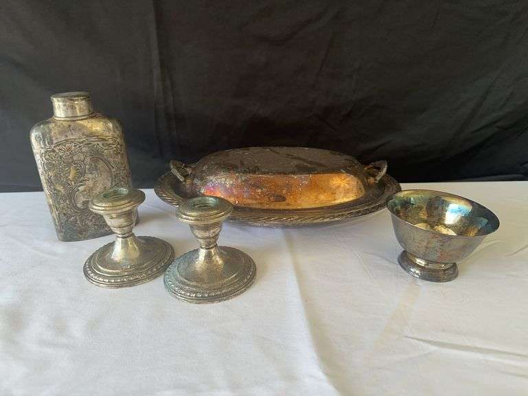 (2) Sterling Candle Stick Holder, Flask, Jelly Dish and Serving Dish