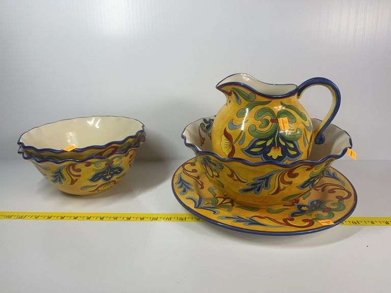 Maxcera Yellow Talavera Pitcher and Bowl, Platter, (2) Bowls