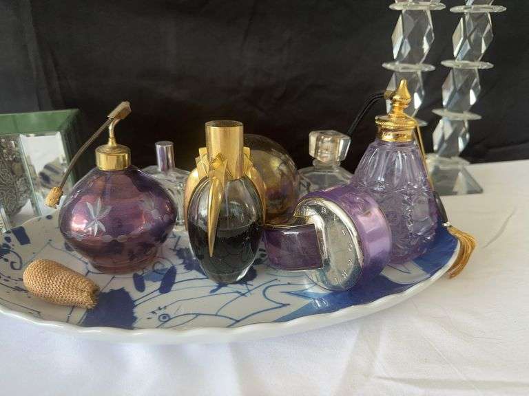 (3) Crystal Candle Holders, Blue Patterned Tray, misc. Perfumes l, Metal Purse, and other misc.
