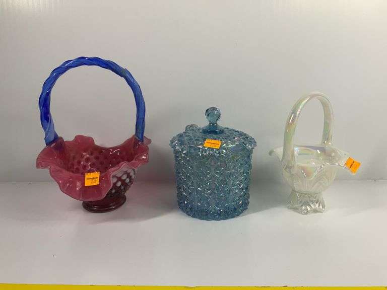 2 Fenton Baskets, 1 Fenton Candy Dish ( All 3 Pieces Damaged)