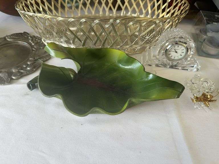 (2) Vases, (12) Napkin Rings, Waterford Crystal Clock, Leather Leaf, and other misc.