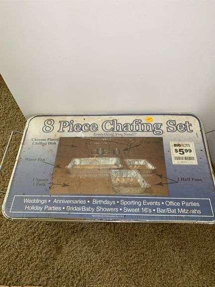 8pc Chafing Set, Hot Plate, Wooden Cutting Board and Stand, Pampered Chef Stone Baking Dish and Cutt