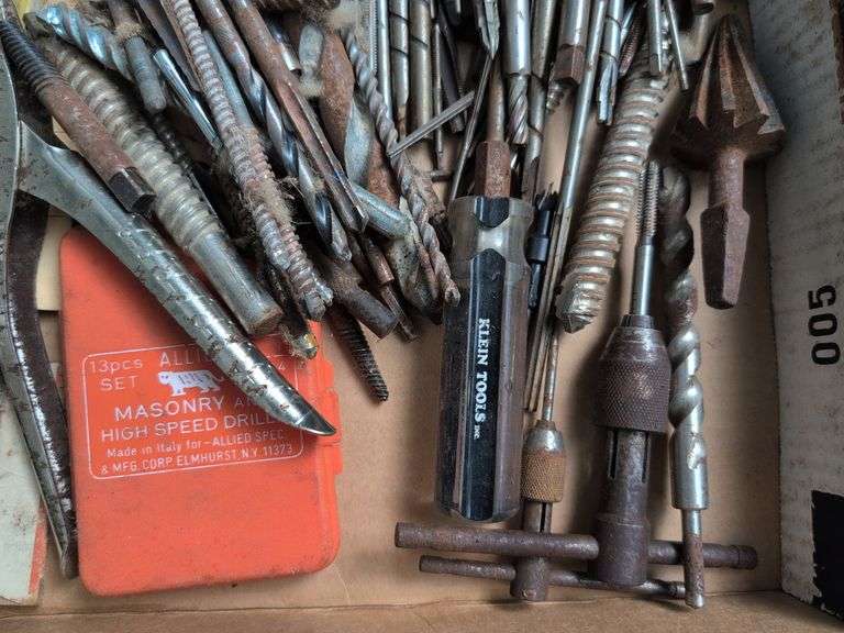 Glue gun, drill bits, clamp, and other tools