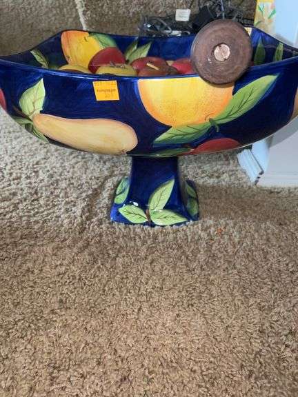 Tabletops Unlimited Orchard Fruit Pedestal Bowl with Wooden Apples and Wooden Rolling Pin