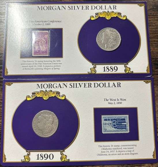 Lot of Two (2) Morgan Silver Dollars with Commemorative Cards & Stamps