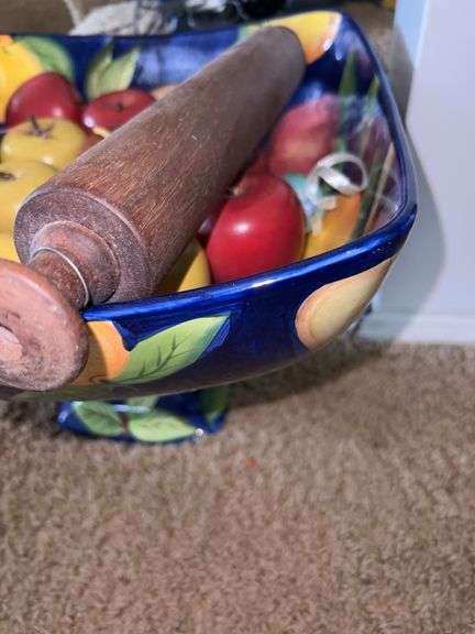 Tabletops Unlimited Orchard Fruit Pedestal Bowl with Wooden Apples and Wooden Rolling Pin