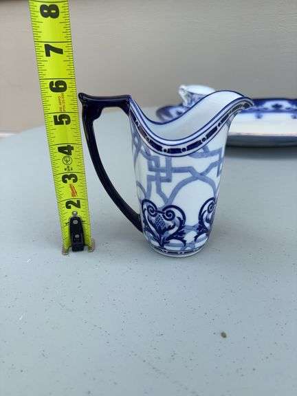 Blue and White Patterned Tea Pot w/ Sugar and Creamer, (2) Tea Cups w/ (2) Plates, and Serving Dish