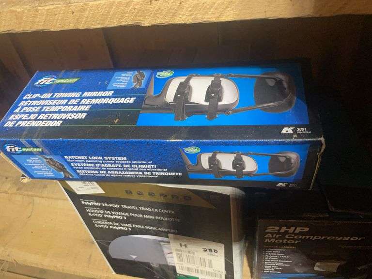 2 HP air compressor motor, travel trailer cover, and towing mirror