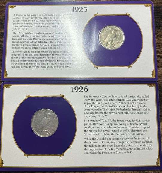 Lot of Two (2) Peace Silver Dollars with Commemorative Cards & Stamps