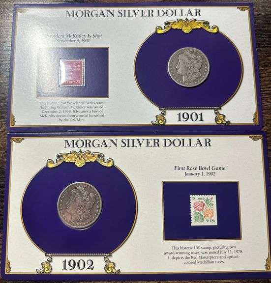 Lot of Two (2) Morgan Silver Dollars with Commemorative Cards & Stamps