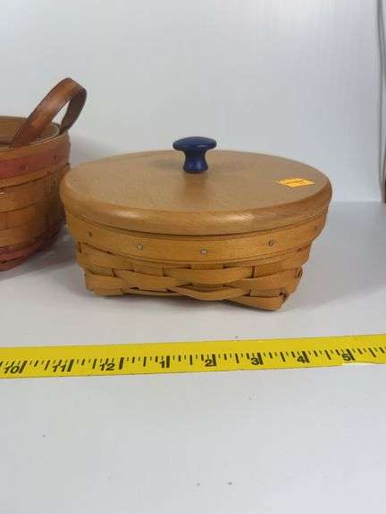 Longaberger Catch All Basket with Wooden Lid, Longaberger Round Basket with Leather Handles, Longabe