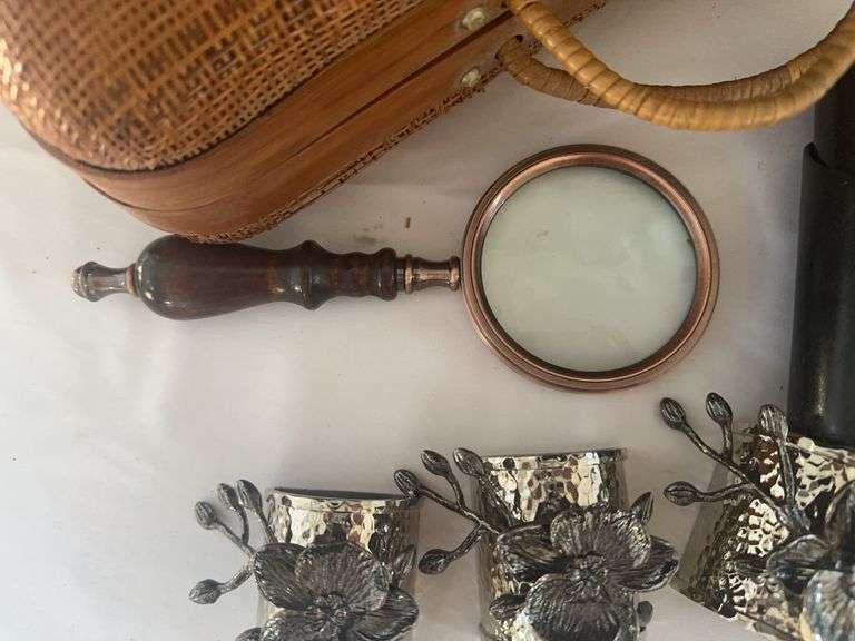 Cigar Case, (2) Stuffed Animals, Basket, (4) Napkin Rings, and other misc.