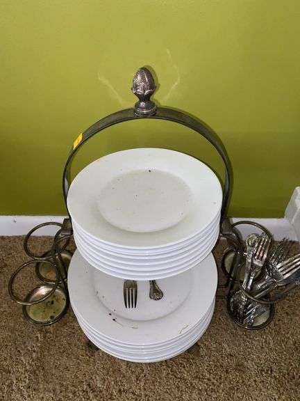 Silver Plated Dish and Silverware Holder, with Silver Plated Utensils and Plates