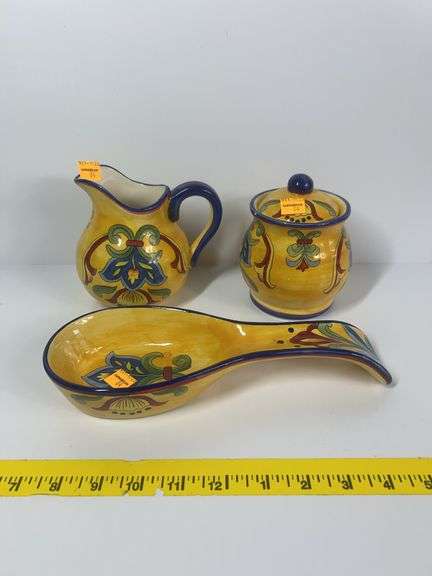 Maxcera Yellow Talavera Creamer and Sugar Pots, Spoon Rest