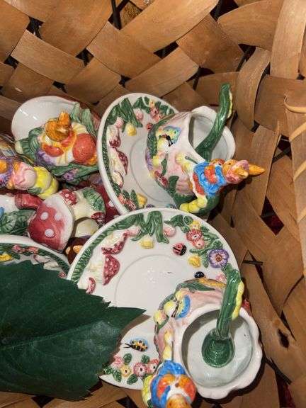Wicker Basket with Rabbit Garden Teaset