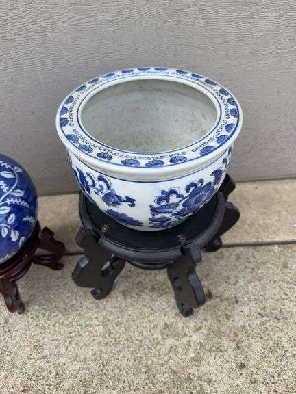 (2) White and Blue Flower Pots