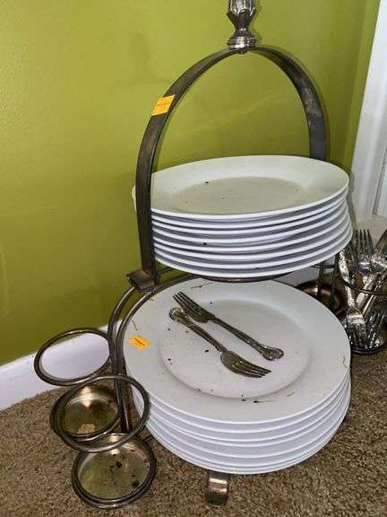 Silver Plated Dish and Silverware Holder, with Silver Plated Utensils and Plates