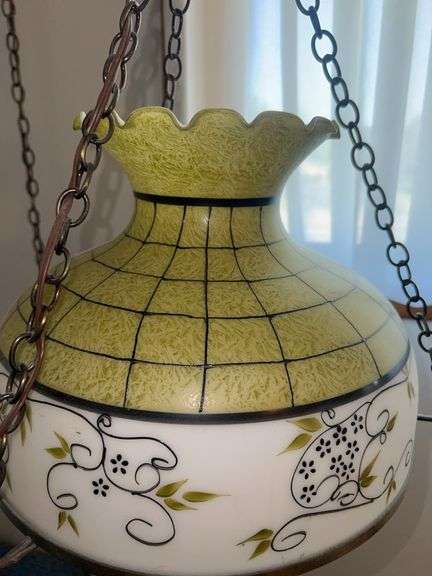 (2) Vintage Chain Hanging Handpainted Glass Lights