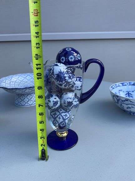White and Blue Bowl, Porcelain Eggs, Glass Balls, Pitcher and a Spice Jar