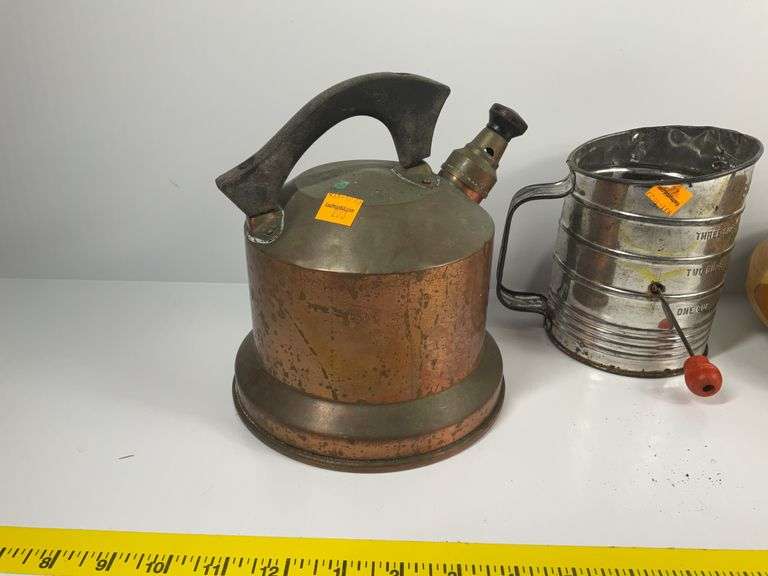Vintage Sad Iron, Vintage Copper Tea Pot, Vintage Sifter, Nut Cracker Bowl