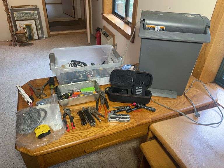 Paper shredder, JBL speaker, tools, and other items