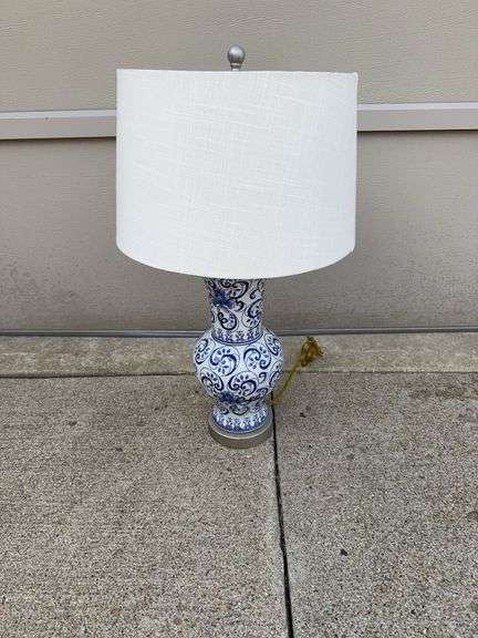 Blue and White Linen Table Lamp (27” H)