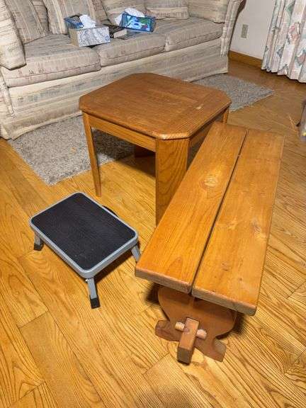 (2) wooden stands and step stool