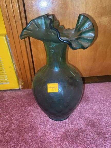 Fenton Green Ruffled Quilted Vase