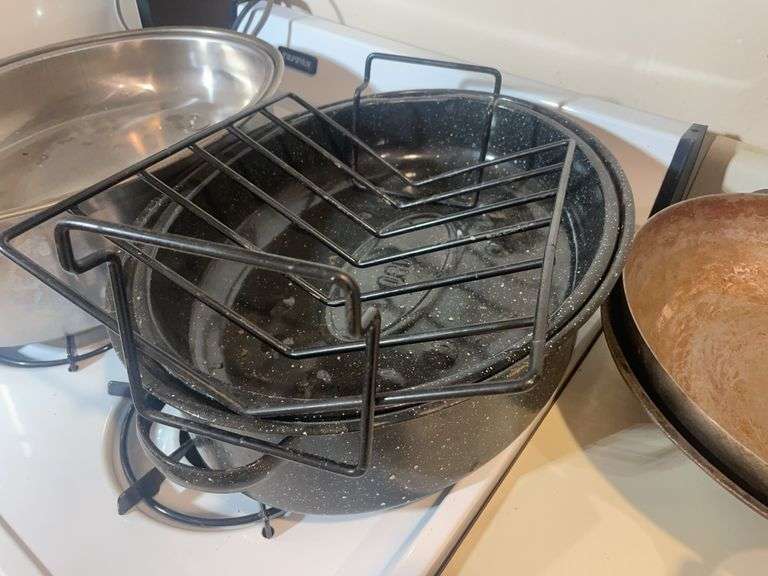 (2) roasters, cast iron and other wok