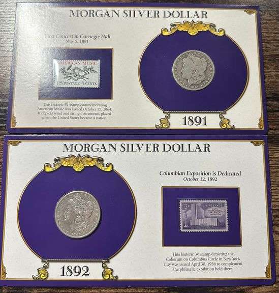 Lot of Two (2) Morgan Silver Dollars with Commemorative Cards & Stamps