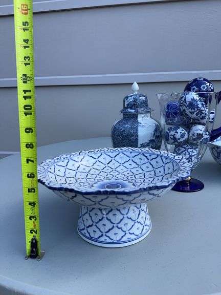 White and Blue Bowl, Porcelain Eggs, Glass Balls, Pitcher and a Spice Jar